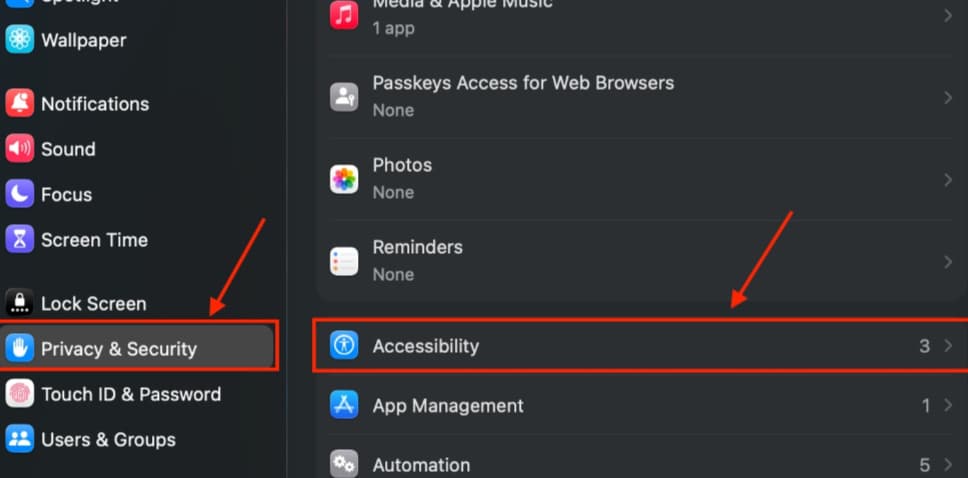 Navigate to Accessibility in Privacy & Security
