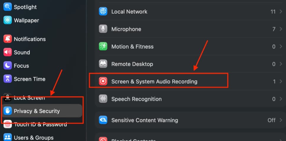 Navigate to Screen & System Audio Recording